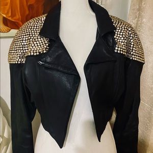🔥Genuine Leather Cropped Rhinstones Padded Jacket Size S/M Handmade From Italy